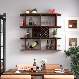 Large Wall Mounted 3 Tier Rustic Bottle Wine Rack,Multifunctional Wooden Wall Mounted Wine Rack,Storage Rack with Wine Glass Holder