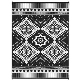 Reversible Outdoor Rug, Waterproof Plastic Straw With Carry Bag, 9 X 12, White & Black Toothed Rhombus (Color: White)