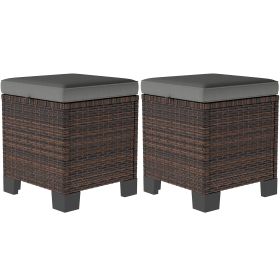 2 Piece Wicker Outdoor Ottomans With Cushions, Rattan Ottoman Footrest And Side Table For Patio, Yard, Poolside, Gray (Option: Gray)
