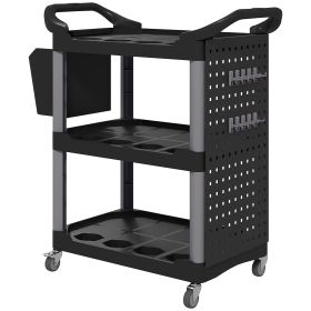 3-Tier Rolling Tool Cart, 200 LBS Capacity Plastic Utility Cart With Side Shelf And Storage Bucket, Black (Color: Black)