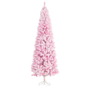 7.5' Tall Unlit Snow Flocked Artificial Christmas Tree Slim Pencil Xmas Tree With Pine Shape And Realistic Branches, Pink (Color: Pink)