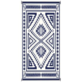 Reversible Outdoor Rug, Waterproof Plastic Straw With Carry Bag, 9 X 18, Blue & White Square Patchwork (Color: Blue)