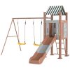 Kids Swing Set With 6 FT Slide, 2 Adjustable Swings, Fort With Canopy, Ladder, Ground Stakes For Ages 3-8, Brown